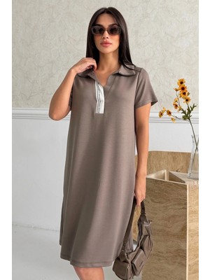 Ded Collection Kadın Yakası Yazı Detaylı Polo Yaka Kısa Kol Modal Yazlık Elbise