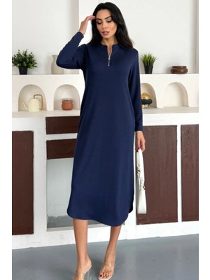 Ded Collection Kadın Yarım Fermuarlı Uzun Kollu Eteği Oval Midi Modal Elbise