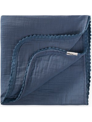 Cigit Çiftkat Ponpon Şeritli Müslin Bebek BATTANIYESI100X100 cm +/- 3 cm Indigo Mavi