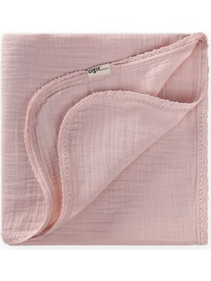 Cigit Dantel Işlemeli Tekkat Müslin Battaniye 100X100 cm +/- 3 cm Pudra Pembe