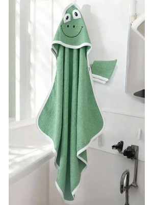 Dyzstar Kurbağa Nakışlı Unisex Şapka ve Keseli Bebek Banyo Havlusu