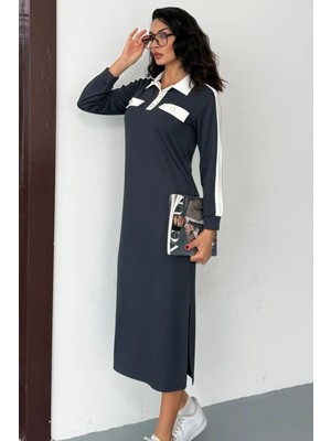 Ded Collection Kadın Polo Yaka Süs Düğmeli ve Cepli Midi Boy Modal Elbise