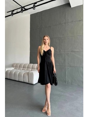 Ded Collection Kadın Pliseli Keten Askılı Büzgülü Elbise