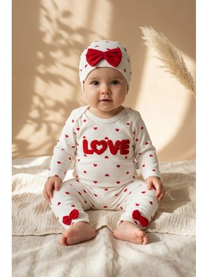 Dyzstar %100 Pamuklu Mia Love Kalp Desenli Fiyonk Detaylı 3 Lü Bebek Takımı - Kırmızı / Beyaz 3-9 Ay