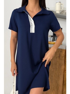 Ded Collection Kadın Yakası Yazı Detaylı Polo Yaka Kısa Kol Modal Yazlık Elbise