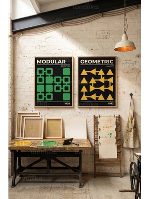 Tontilika Geometrik ve Modüler Soyutlama 2'li Ahşap Çerçeveli Tablo Seti