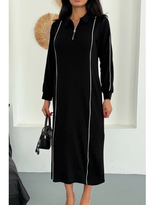 Ded Collection Kadın Polo Yaka Yarım Fermuarlı Arabiyeli Uzun Modal Elbise