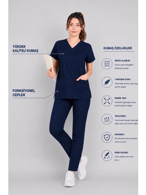 Stilmed Üniforma Lacivert Hemşire ve Doktor Forması Scrubs Takımı Likralı Alt Üst Üniforma Unisex Yarasa Kol