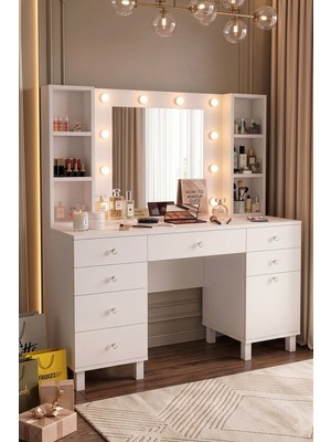 Yurudesign Monroe Makyaj Masası 7 Çekmece Kapaklı Düzenleyici Hollywood LED Işıklı Raflı Beyaz Mo5-W