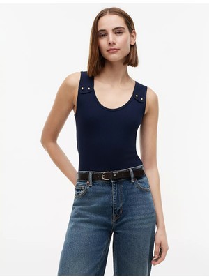 Tommy Hilfiger Kadın Slim Fit Yuvarlak Yaka Çizgili Kalın Askı Lacivert T-Shirt WW0WW52112-C1G