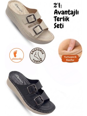 Albishoes Kadın 2'li Süper Avantaj Paketi Çift Tokalı Yumuşak Ped Rahat Taban Günlük Kadın Terlik
