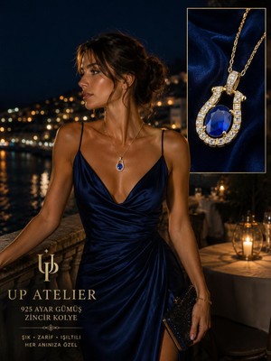 Up Atelier 925 Ayar Gümüş Ithal Zincirli Mavi Zirkon Taşlı Zarif Safir Kolye