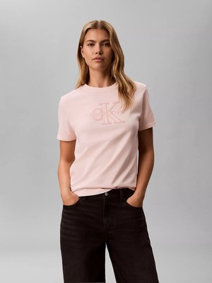 Calvin Klein Kadın Normal Kesim Logo Işlemeli Pamuklu Yuvarlak Yakalı Kısa Kollu Pembe T-Shirt LV047G829G-VG3