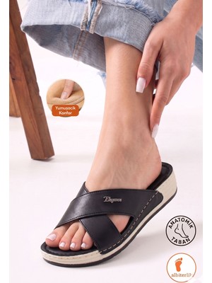 Albishoes Kadın Çapraz Bantlı Yumuşak Ped Rahat Taban Hafif Topuk 4 cm Günlük Anne Kadın Terlik