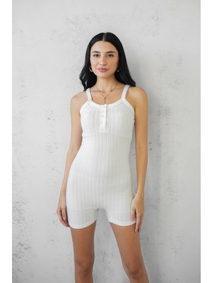Gugus Askılı ve Düğme Kapamalı Kısa Tulum / Dokulu Tüylü Kumaş