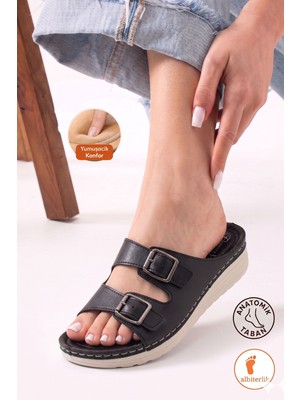 Albishoes Kadın Çift Tokalı Yumuşak Ped Rahat Taban Hafif Topuk 4 cm Günlük Anne Kadın Terlik