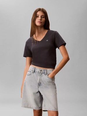 Calvin Klein Kadın Normal Kalıp %100 Pamuklu V Yaka Kısa Kollu Koyu Gri T-Shirt LV047B205G-4XN