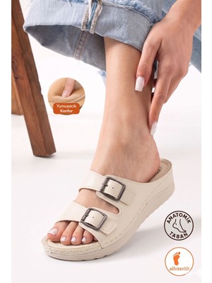 Albishoes Kadın Çift Tokalı Yumuşak Ped Rahat Taban Hafif Topuk 4 cm Günlük Anne Kadın Terlik