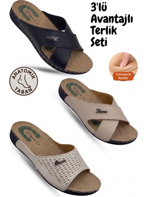 Albishoes Kadın 3'lü Süper Avantaj Paketi Ince Taban Rahat Yumuşak Pedli Günlük Anne Kadın Terlik