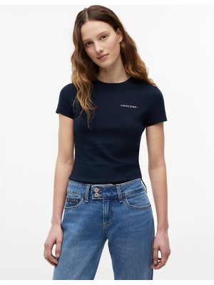Tommy Hilfiger Kadın Slim Fit Yuvarlak Yakalı Pamuklu Logo Imzalı Kısa Kollu Lacivert T-Shirt DW0DW23479-C1G