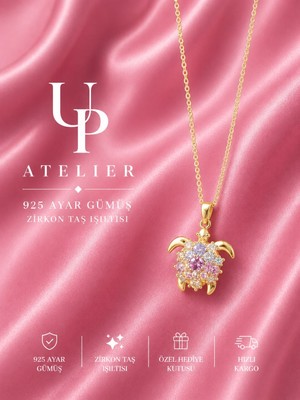 Up Atelier 925 Ayar Gümüş Ithal Zincirli Zirkon Taşlı Gold Kaplumbağa Model