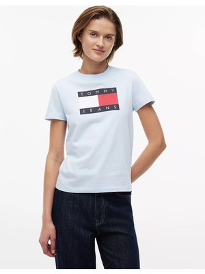 Tommy Hilfiger Kadın Normal Kesim Logo Baskılı Yuvarlak Yakalı Kısa Kollu Mavi T-Shirt DW0DW22562-C1R