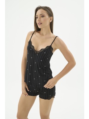 Sevim Kadın Dantelli Ince Askılı Şortlu Siyah Pijama Takımı C9T6N471