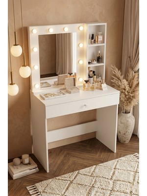 Yurudesign Monroe Makyaj Masası Çekmeceli Düzenleyici Hollywood LED Işıklı Raflı Beyaz Mo3-W