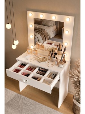 Yurudesign Monroe Makyaj Masası Çekmeceli Düzenleyici Hollywood LED Işıklı Raflı Beyaz Mo4-W