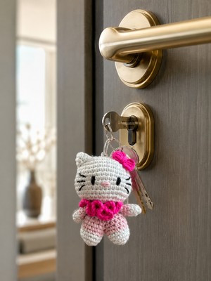 Talin Handmade El Yapımı Amigurumi Kedi Anahtarlık – Pembe Detaylı Örgü Çanta Süsü