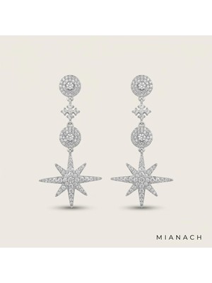 Mianach Gümüş Ton Pavé Taşlı Kutup Yıldızı Detaylı Art Deco Sallantılı Küpe