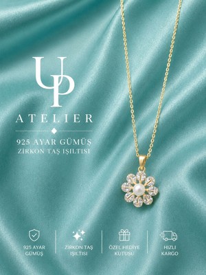 Up Atelier 925 Ayar Gümüş Ithal Zincirli Parlayan Incili Güneş Model Kolye