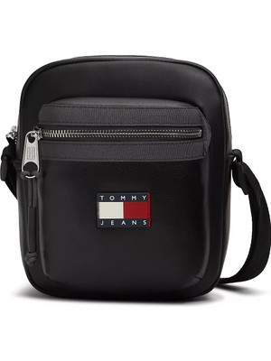 Tommy Hilfiger Erkek Logo Etiketli Fermuarlı Bölmeli Deri Siyah Omuz Çantası AM0AM14334-BDS