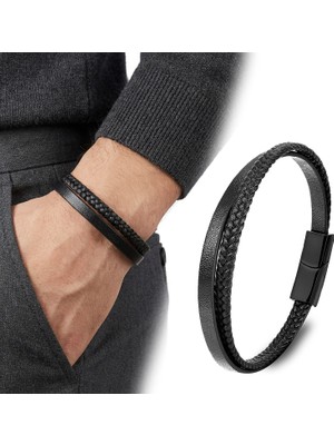 Kuşkaya Ticaret Siyah Deri ve Saç Örgü İkili Çelik Erkek Bileklik - 20 cm