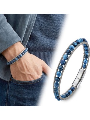Mestore Mavi Akik Doğaltaş ve Çelik Halat Bileklik 31682B2DH14