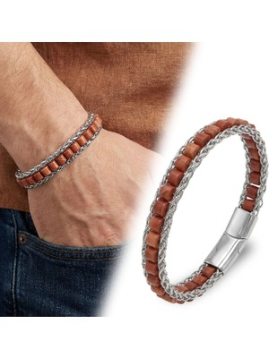 Mestore Kırmızı Jasper Doğal Taşlı Hasır Örgü Zincirli Erkek Çelik Bileklik 31682B28D10