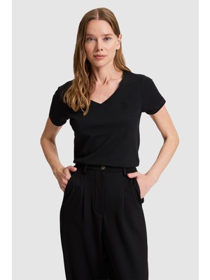 U.S. Polo Assn. Kadın Siyah V Yaka Basic Tişört 50321817-VR046