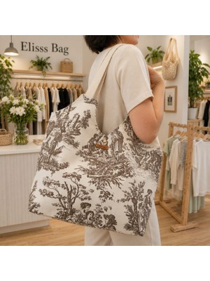 elisss bag Plaj Çantası, Bebek Çantası, Piknik Çantası, Figür Desenli, Krem, Kahverengi Kadın Çantası %100 Pamuk