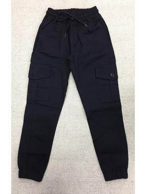Gökkuşağı Düz Desenli Siyah Kargo Cep Pantolon Erkek Çocuk Modern Fit Pamuklu Kumaş