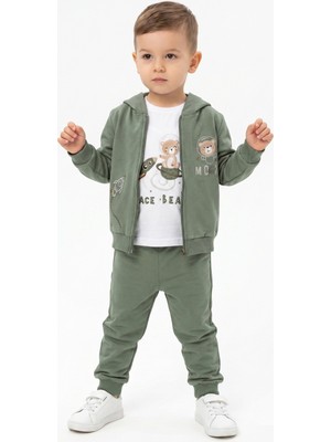 Toontoy Erkek Çocuk 3'lü Eşofman Takımı Uzun Kollu Bisiklet Yaka Nakışlı T-Shirt - Kapüşonlu Fermuarlı Hırka- Beli Paçası Lastikli Eşofman Altı 25045