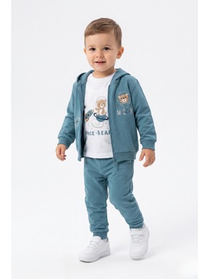 Toontoy Erkek Çocuk 3'lü Eşofman Takımı Uzun Kollu Bisiklet Yaka Nakışlı T-Shirt - Kapüşonlu Fermuarlı Hırka- Beli Paçası Lastikli Eşofman Altı 25045