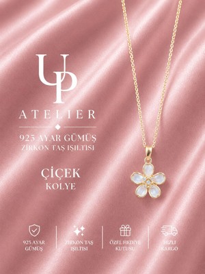 Up Atelier 925 Ayar Gümüş Ithal Zincirli Beyaz Zirkon Taşlı Çiçek Kolye