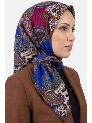Hadiora Kadın Mavi Leopar ve Paisley Desenli Flamlı Eşarp