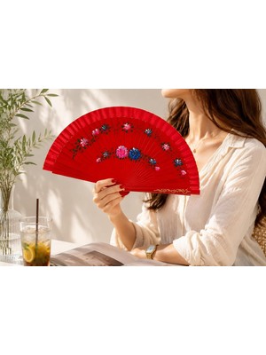 CoverZone Kırmızı Zeminli Katlanabilir El Yelpazesi Sarı Mavi Çiçek Desenli Ahşap Saplı Dekoratif Yelpaze 40X22 cm Geleneksel Şık Tasarım