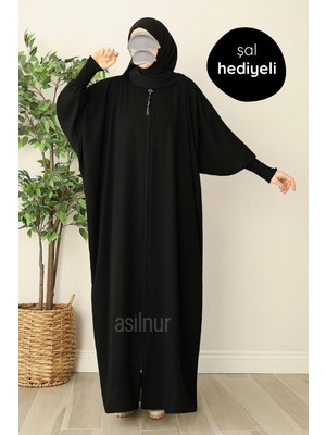 Asilnur Ebru Yarasa Kollu Ferace Şal Hediyeli Takım Siyah