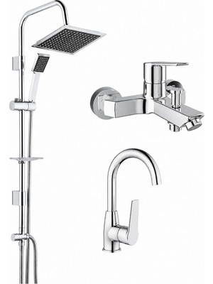 Kale Mare Banyo Bataryası + Döner Lavabo Bataryası ve Tema Rain Quadro 53260 Tepe Duş Sistemi Krom Banyo Seti