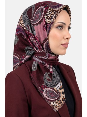 Hadiora Kadın Bordo Pembe Leopar ve Paisley Desenli Flamlı Eşarp