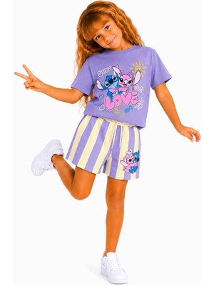 Cg Kids Stitch Baskılı  Kız Çocuk Şortlu Takım - Lila Renk Yazlık Çocuk Takımı
