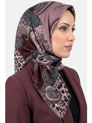 Hadiora Kadın Pudra Bordo Leopar ve Paisley Desenli Flamlı Eşarp