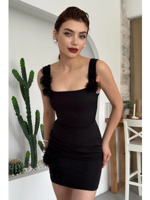 Moda Days Kadın Tül Çiçek Detaylı Mini Elbise Kare Yaka Kolsuz Dar Kesim Şık Davet Mezuniyet Elbisesi